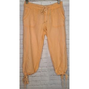Guess Linen Drawstring Crop Pants Pockets Logo Zipper